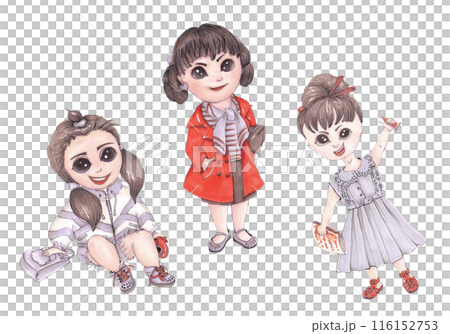 Back to school. Cartoon little girls. Fashionable teenager. Isolated children's illustration. Child schoolboy, student. Mixed media drawing 116152753