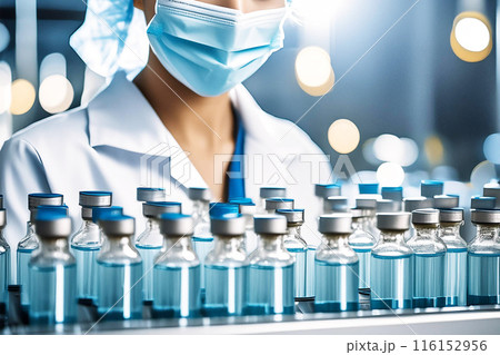CG素材　生産工場の並んだバイアル瓶　働く女性 116152956