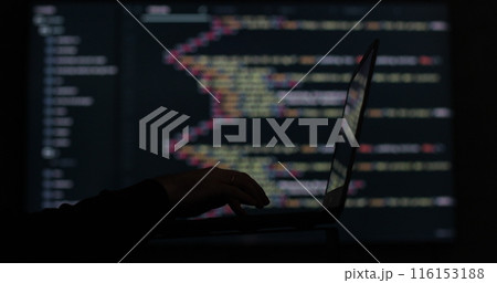 IT engineer, software developer, programmer interacts with a chatbot by creating code. Face Hacking System. Hacker attack concept. 116153188