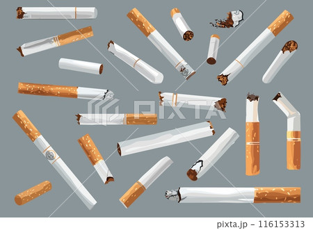 Realistic cigarettes set. Broken full cigarette ash and butt. Element for smoking related designs. Unhealthy lifestyle elements isolated vector graphic collection 116153313