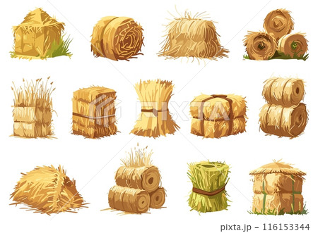 Hay bales, piles, heaps and stacks set. Dry grass in packs. Straw in rolls. Simple flat cartoon style. Vector clipart collection 116153344