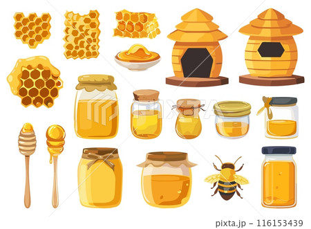 Bee and honey set. Cartoon honeycomb hive glass jars spoon with honey. Agriculture harvest elements, healthy sweet organic food, isolated vector elements 116153439