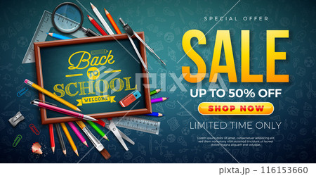Back to School Sale Design with Chalkboard, Colorful Pencil and School Items on Blue Hand Drawn Doodles Background. Vector Business Concept Illustration with Special Offer Typography Elements for 116153660