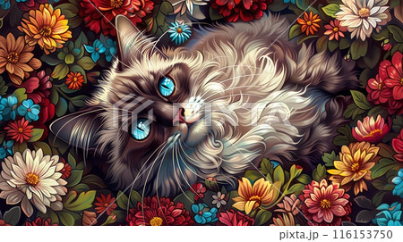 Soft Fur Meets Bold Petals in Garden Scene Soft Fur Meets Bold Petals in Garden Scene 116153750