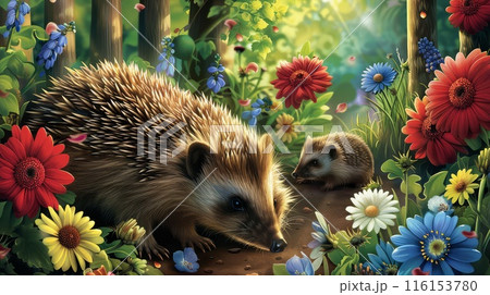 Vibrant Petals Frame Hedgehogs Joyful Momentsのイラスト素材 [116153780] - PIXTA