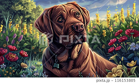 Energetic Labrador Uncovers Joyful Moments in Floral Wonderland 116153805