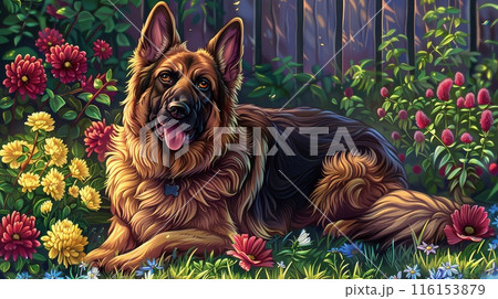 German Shepherd Enjoys Vibrant Garden Surroundings German Shepherd Enjoys Vibrant Garden Surroundings 116153879