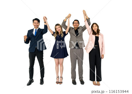 Happy business team making high hands for business teamwork concept, large group of people celebrating. Portrait on white background with studio lighting. Isolated 116153944