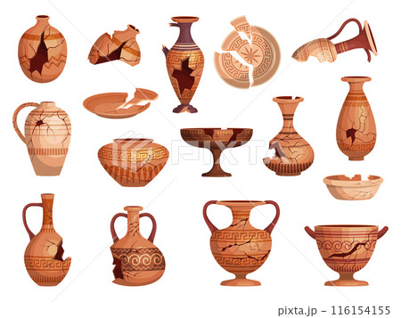Cracked utensils. Ancient damaged clay ceramics pots recent vector cartoon pictures 116154155