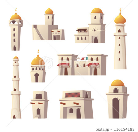 Islamic buildings. Towers columns arches authentic traditional islamic constructions exact vector cartoon buildings set 116154185