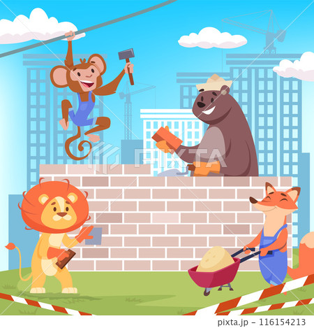 animals builders. fox bear lion and monkey home repair cartoon vector happy characters animals builders. fox bear lion and monkey home repair cartoon vector happy characters 116154213