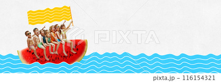 Poster. Contemporary art collage. Children, with surprised and curious expressions, on watermelon slice as on ship, rush to meet adventures. 116154321