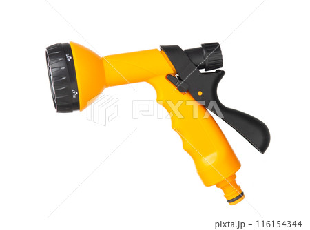 yellow nozzle on a hose for watering isolated on a white background yellow nozzle on a hose for watering isolated on a white background 116154344