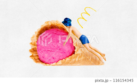Poster. Contemporary art collage. Little boy covered hat his head and sunbathing lying on huge ice cream horn. Poster. Contemporary art collage. Little boy covered hat his head and sunbathing lying on huge ice cream horn. 116154345