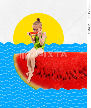 Poster. Contemporary art collage. Girl in swimsuit sitting on huge, juicy slice of watermelon, as on boat, in blue sea and eating fruit. Poster. Contemporary art collage. Girl in swimsuit sitting on huge, juicy slice of watermelon, as on boat, in blue sea and eating fruit. 116154362