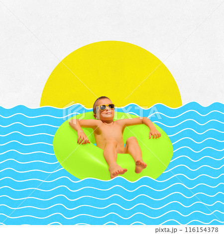 Poster. Contemporary art collage. Little boy, relaxing swimming in inflatable green ring waves of ocean in hot summer day. 116154378