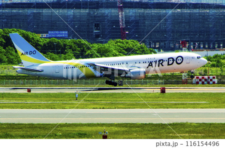 着陸接地寸前の飛行機 116154496