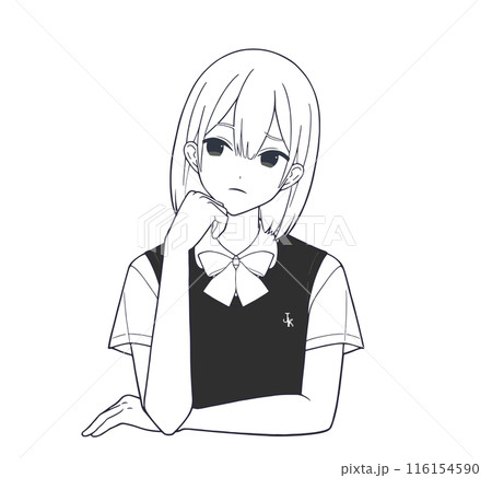 悩んでいる表情の漫画風の女子学生モノトーンイラスト(線画) 116154590