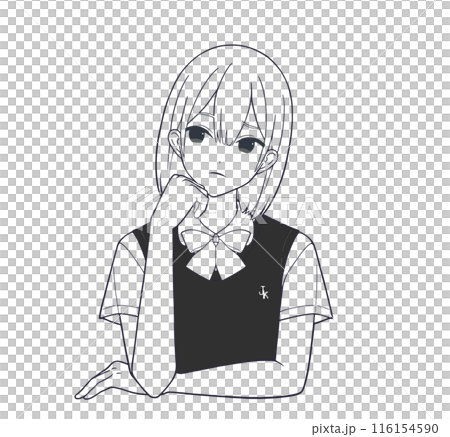 Monotone illustration (line drawing) of a manga-style female student with a worried expression 116154590