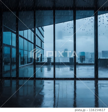 Image of rain falling on large windows of a building Image of rain falling on large windows of a building 116154617