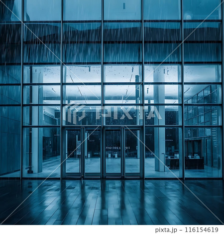 Image of rain falling on large windows of a building 116154619