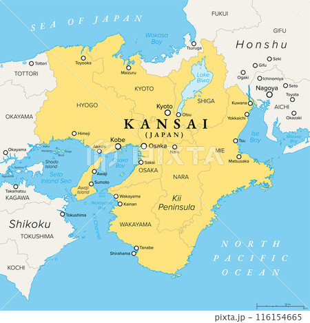 Kansai region, or the Kinki region in Japan, political map. Southern-central region of the main island Honshu, consisting of the prefectures Hyogo, Mie, Nara, Osaka, Kyoto, Shiga, and Wakayama. Vector Kansai region, or the Kinki region in Japan, political map. Southern-central region of the main island Honshu, consisting of the prefectures Hyogo, Mie, Nara, Osaka, Kyoto, Shiga, and Wakayama. Vector 116154665