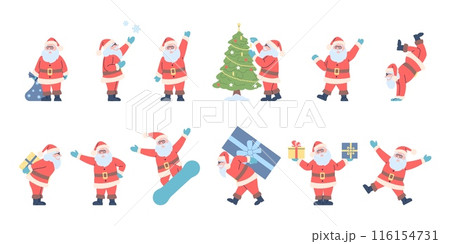 Santa claus characters. Christmas and new year, winter holidays symbols. Man with xmas tree, gifts and snowflakes. Festive recent vector set 116154731