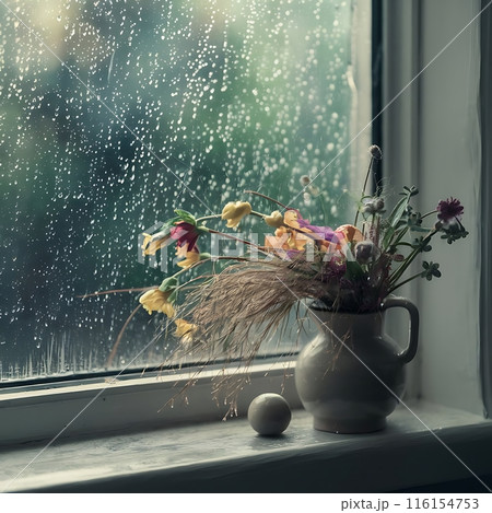 Image of a windowsill with flowers and a vase on the window, with rain falling outside 116154753