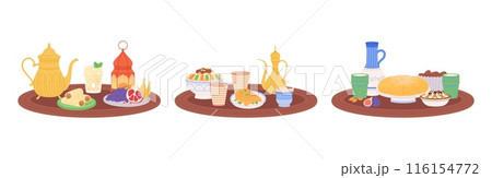 Arabian food on tray. Moroccan jugs and pots, crockery and cups. Festive iftar party dishes, fruits and cereals in bowls. Vector east meals set 116154772