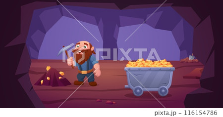 Cartoon mining background. Cute dwarf miner mines gold stones, nuggets and crystals in cave. Wooden trolley in mine tunnel, nowaday vector scene Cartoon mining background. Cute dwarf miner mines gold stones, nuggets and crystals in cave. Wooden trolley in mine tunnel, nowaday vector scene 116154786