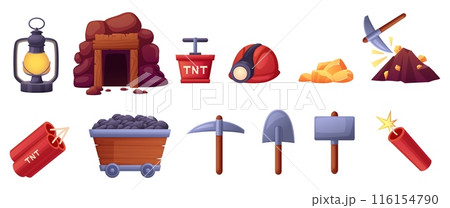 Cartoon mining tools. Mine equipments, shovel and pick, dynamite tnt and hammer. Cart with coal, golden gem stones and cave arch, nowaday vector set Cartoon mining tools. Mine equipments, shovel and pick, dynamite tnt and hammer. Cart with coal, golden gem stones and cave arch, nowaday vector set 116154790