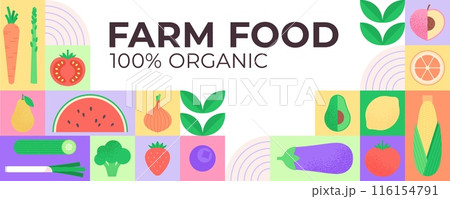 Organic food geometric banner. Fresh seasonal harvest farm market background. Tomato watermelon strawberry asparagus carrot lemon, racy vector template Organic food geometric banner. Fresh seasonal harvest farm market background. Tomato watermelon strawberry asparagus carrot lemon, racy vector template 116154791