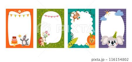 Kids birthday invitation party cards. Children frames with empty white space, cartoon animals and decorations. Banner flyer poster classy vector design Kids birthday invitation party cards. Children frames with empty white space, cartoon animals and decorations. Banner flyer poster classy vector design 116154802