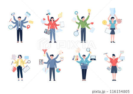 Multitasking business people. Female male with many hands holding different items. Finance banking administrative professionals, productive recent vector characters 116154805