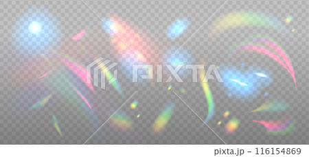 Sparkle glare reflection effect elements set. Optical rainbow glare Magic glow overlay. Vector colorful lenses and light flares with transparent effects. Overlay dispersion light rays. 116154869