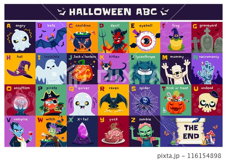 Halloween alphabet, holiday abc, kids type. Vector uppercase letters with funny cartoon spooky characters. Zombie, ghosts, witch or pumpkin, wizard hat and black cat. Frog, devil, bat, pirate or brain Halloween alphabet, holiday abc, kids type. Vector uppercase letters with funny cartoon spooky characters. Zombie, ghosts, witch or pumpkin, wizard hat and black cat. Frog, devil, bat, pirate or brain 116154898
