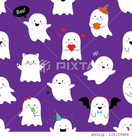 Halloween kawaii ghosts characters seamless pattern. Cartoon cute spirits and phantoms monsters vector background. Trick or treat holiday ghosts with cat face, bat wigs, devil horns and hearts pattern 116154904