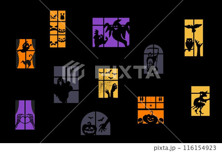 Halloween windows, scary, silhouettes. Vector haunted house facade with creepy and spooky pumpkin faces, witch, bats and skeleton, zombie hands, ghosts, black cat, cobwebs, and grim reaper with scythe 116154923