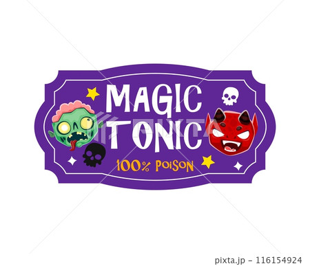 Halloween holiday potion label with monsters faces. Halloween celebration drink or beverage sticker, October horror party brewery label or vector tag with zombie and hell devil funny characters faces Halloween holiday potion label with monsters faces. Halloween celebration drink or beverage sticker, October horror party brewery label or vector tag with zombie and hell devil funny characters faces 116154924