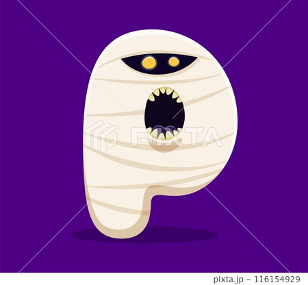 Halloween font, letter P cartoon mummy zombie or horror monster, vector alphabet type. Halloween font or kids spooky ABC, letter P in shape of funny monster mummy character for trick or treat type 116154929