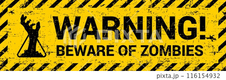 Zombie warning caution banner for Halloween horror night holiday, vector grunge background. Monster outbreak apocalypse yellow sign with zombie hand reaching out from ground for trick or treat party 116154932