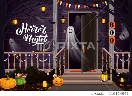 Halloween holiday ghosts on decorated door porch with trick or treat candy sweets and pumpkins,, cartoon vector. Halloween horror night boo ghosts from house door with spooky bats and spiderweb Halloween holiday ghosts on decorated door porch with trick or treat candy sweets and pumpkins,, cartoon vector. Halloween horror night boo ghosts from house door with spooky bats and spiderweb 116154941