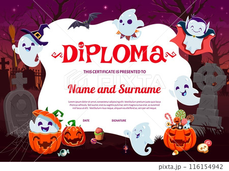 Halloween kids diploma with cartoon cute kawaii ghosts and tombstones on cemetery. Educational or graduation vector certificate with adorable spooks. Playschool honor trophy or award frame template 116154942