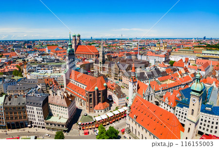 Marienplatz aerial panoramic view in Munich city, Germany 116155003