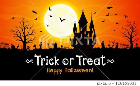Halloween castle silhouette, trick or treat poster with cemetery landscape, vector background. Happy Halloween holiday greeting with cartoon haunted castle house, pumpkin lanterns, bats and tombstones Halloween castle silhouette, trick or treat poster with cemetery landscape, vector background. Happy Halloween holiday greeting with cartoon haunted castle house, pumpkin lanterns, bats and tombstones 116155033
