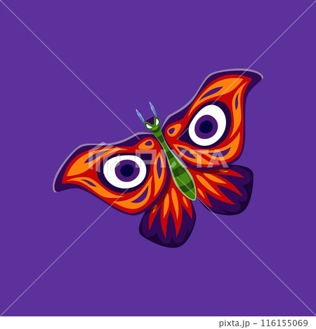 Cartoon Halloween butterfly character. isolated vector moth with eyes pattern on colorful on open wings. Magic, occult, witchcraft, esoteric symbol, mystical insect peacock-eye butterfly Cartoon Halloween butterfly character. isolated vector moth with eyes pattern on colorful on open wings. Magic, occult, witchcraft, esoteric symbol, mystical insect peacock-eye butterfly 116155069