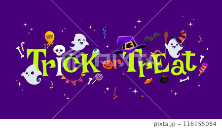 Halloween trick or treat banner with funny kawaii ghosts and candies. Vector holiday background with cute cartoon spirits in witch hats conjure magic. Lovely apparitions creating an enchanting sorcery 116155084