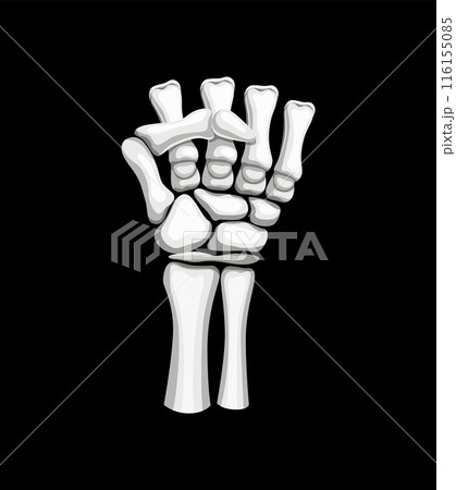 Skeleton clenched hand gesture. Vector ghostly, bony fingers tightly curled into a fist, conveys determination, strength, and resolve. Sign symbolizes a powerful gesturing in Halloween manner 116155085