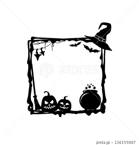 Halloween grunge black frame. Weathered and eerie vector square border with the witch hat, cauldron, pumpkins and broom, bats, amanita and cobwebs, encases the spectral essence of the spooky season 116155087
