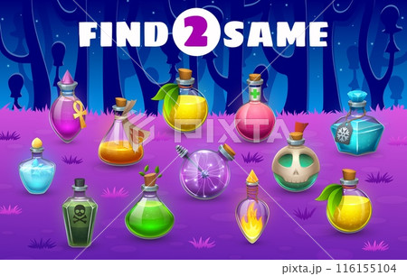 Find two same Halloween magic potion bottles, kids game worksheet. Vector educational riddle for children with cartoon colorful glass flasks filled with glowing brews in night mysterious forest 116155104
